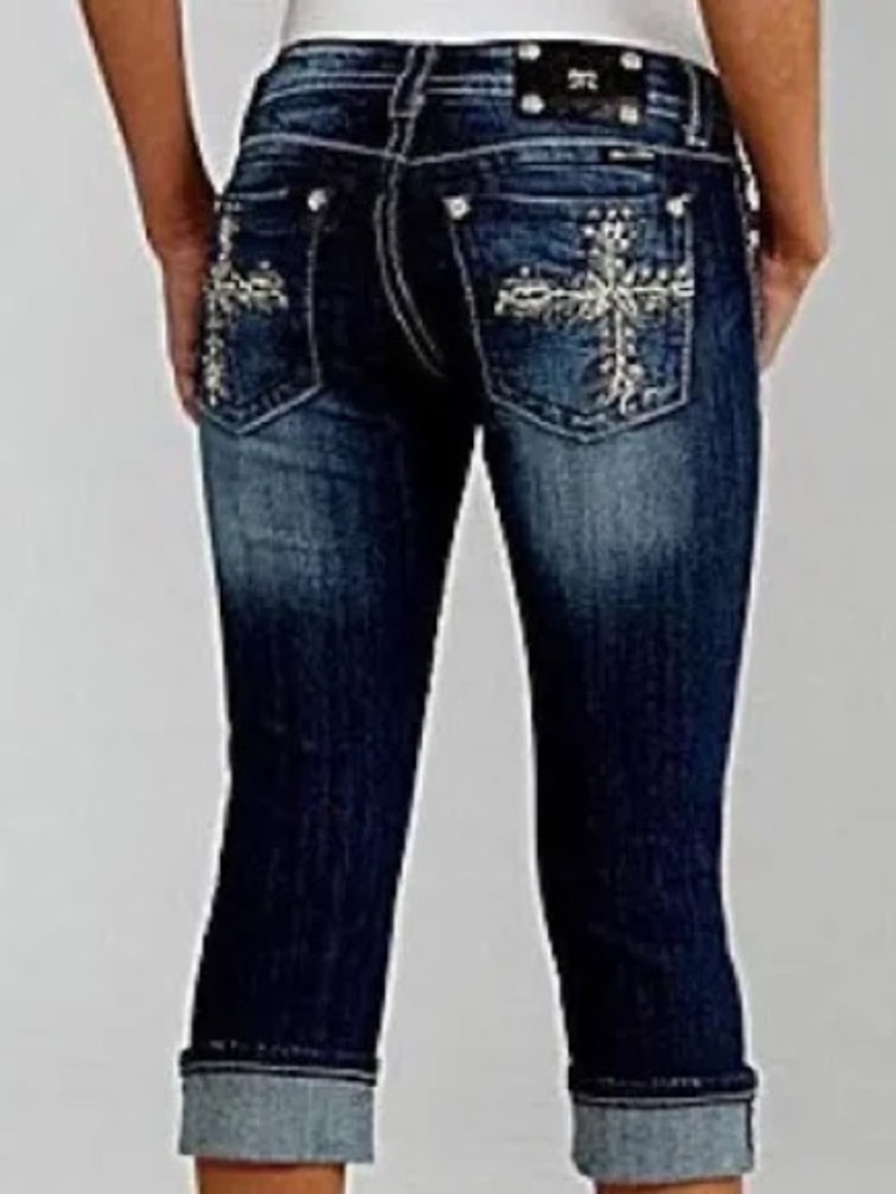 Miss Me cuffed cropped denim capri jeans cross pocket embroidery on the back 26